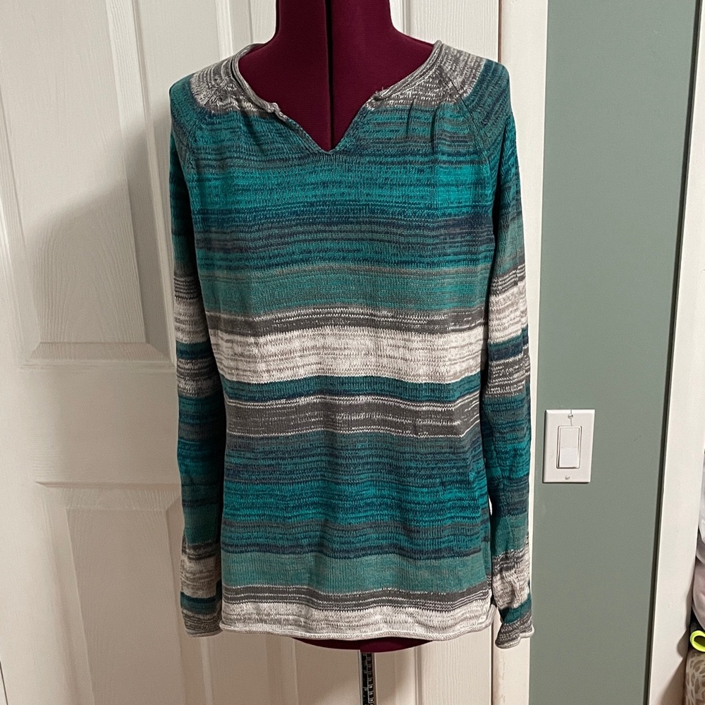 Eddie Bauer Teal and Gray Striped Crew Neck Sweater